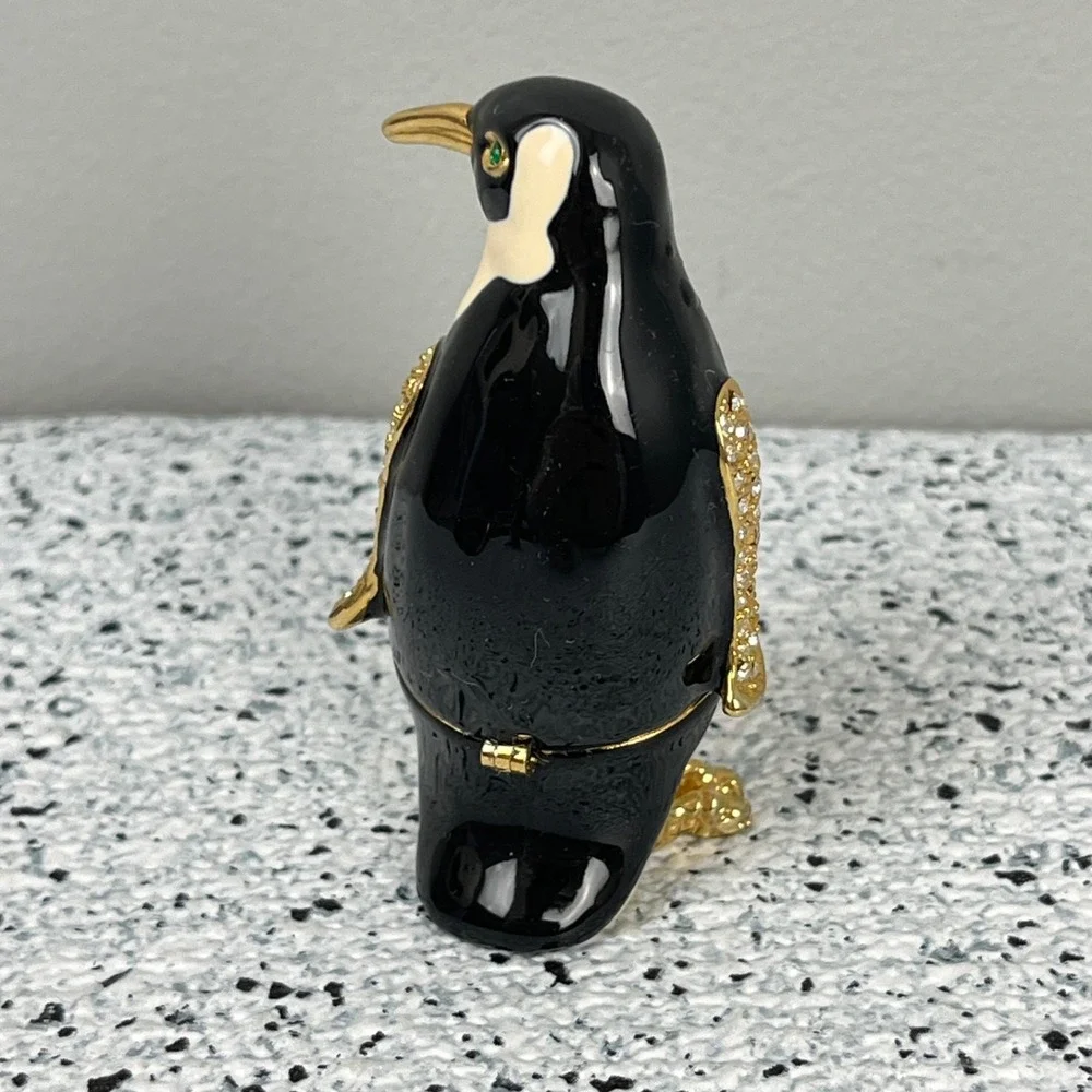 Penguin‎ Trinket Box Enameled Metal Rhinestone Hinged Collectible